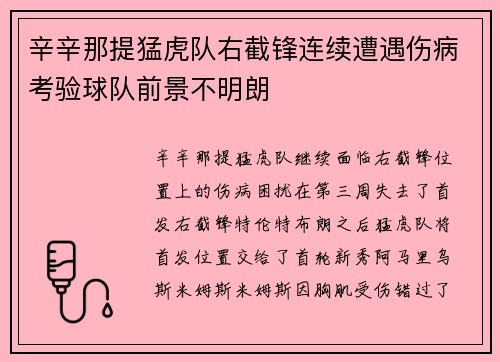 辛辛那提猛虎队右截锋连续遭遇伤病考验球队前景不明朗